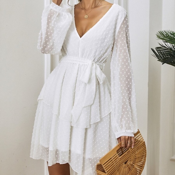 boho white swiss dot v neck belted ruffle dress - Picture 2 of 7
